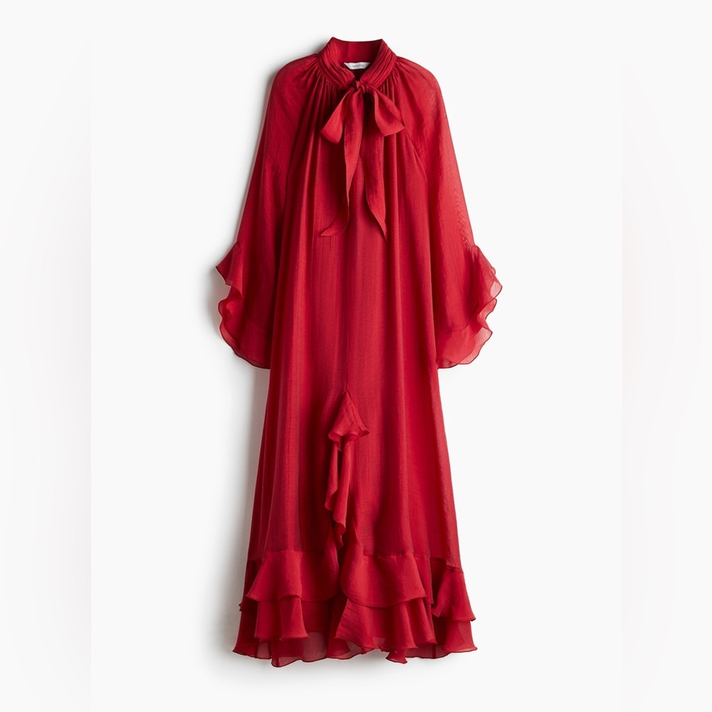 H&M Red Ruffled Maxi Dress with Bow Neck